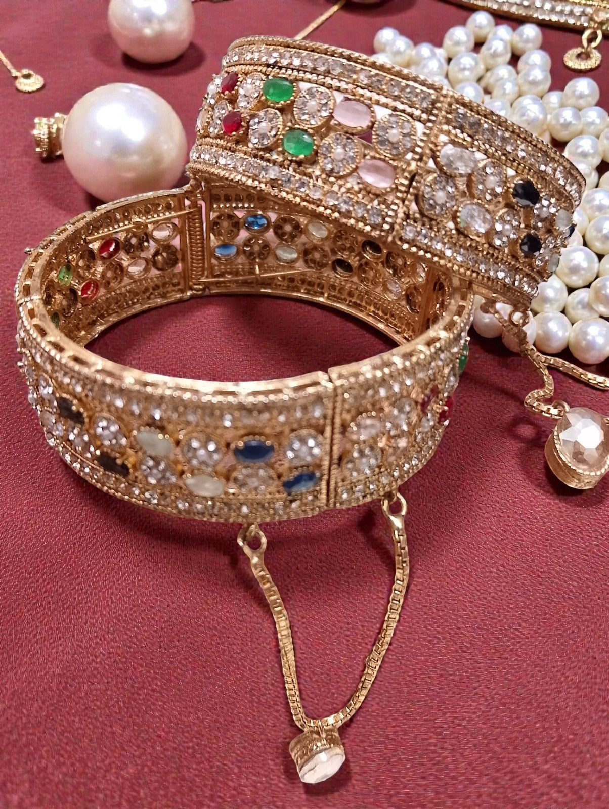 Royal Antique Gold Multicolor Stone Statement Bangles – Luxury Bridal & Party Wear Bangles