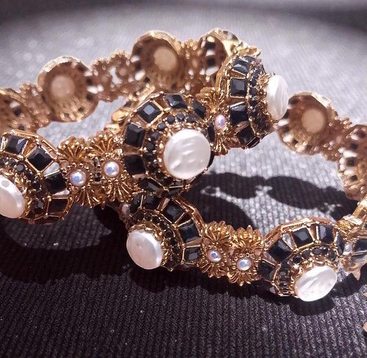 Royal Antique Gold & Black Pearl Statement Bangles – Luxury Bridal & Party Wear Bangles