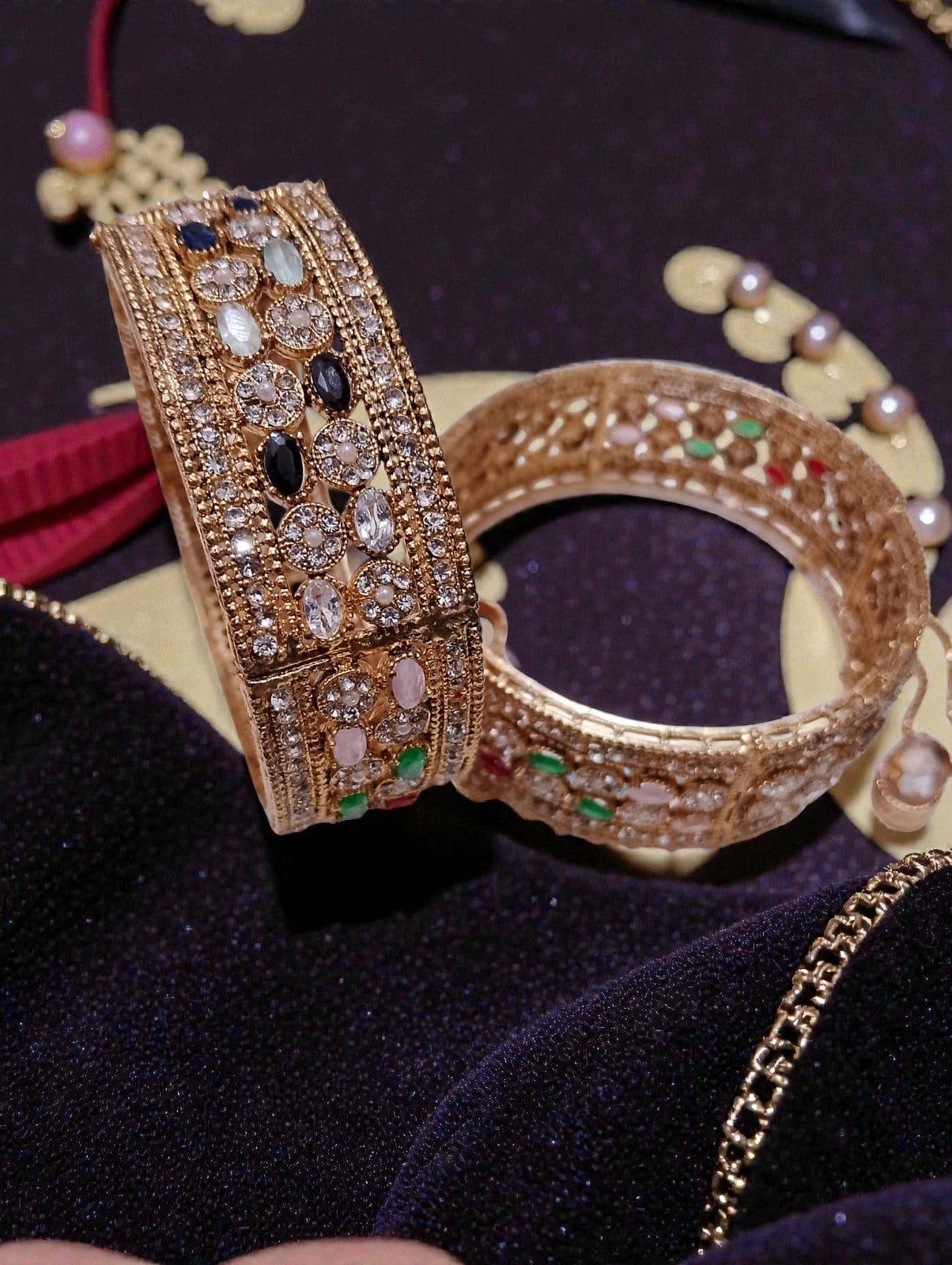 Royal Antique Gold Multicolor Stone Statement Bangles – Luxury Bridal & Party Wear Bangles