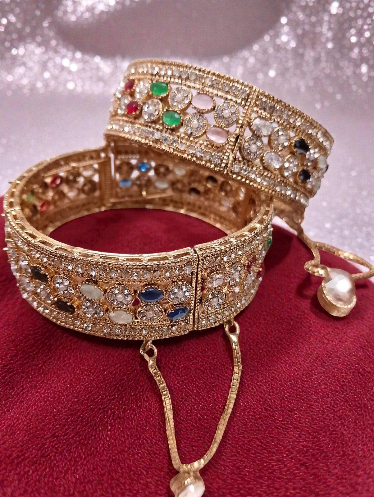 Royal Antique Gold Multicolor Stone Statement Bangles – Luxury Bridal & Party Wear Bangles