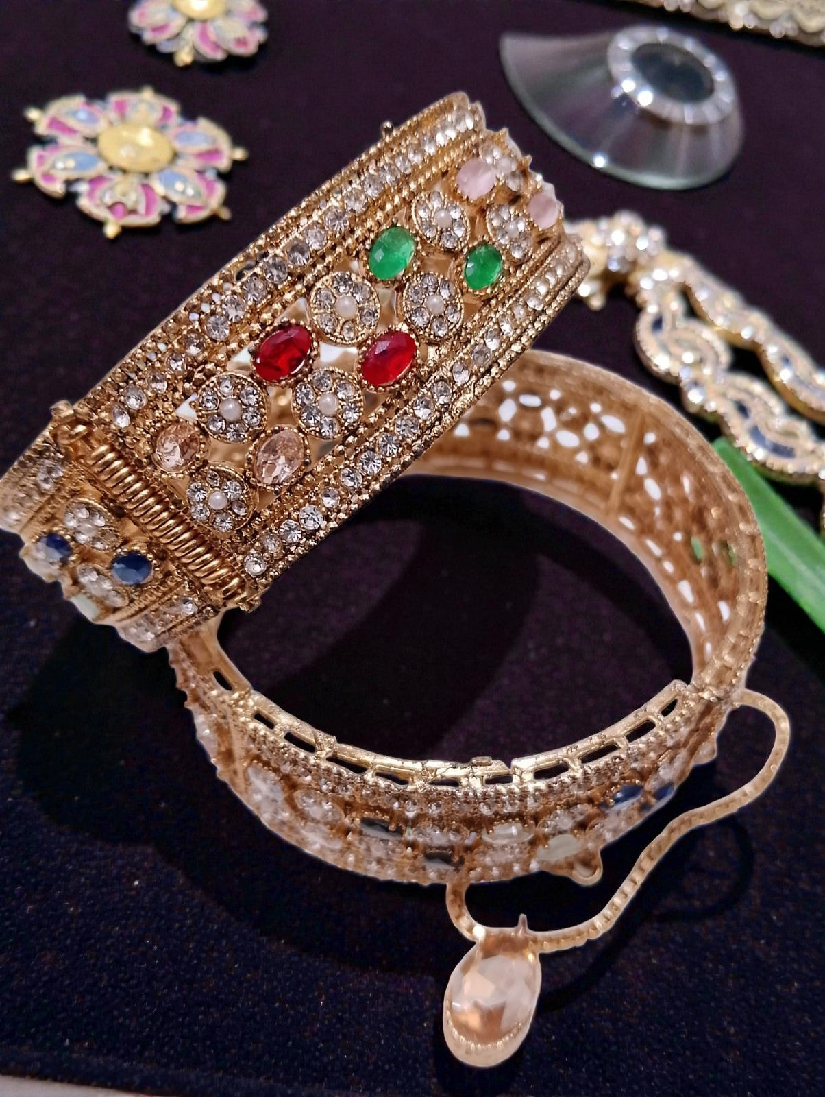 Royal Antique Gold Multicolor Stone Statement Bangles – Luxury Bridal & Party Wear Bangles
