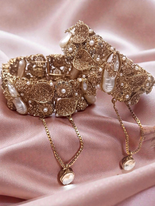 Royal Antique Gold Butterfly & Leaf Statement Bangles – Pearl & Crystal Bridal/Party Wear Bangles
