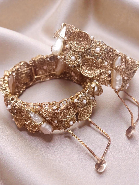 Royal Antique Gold Butterfly & Leaf Statement Bangles – Pearl & Crystal Bridal/Party Wear Bangles