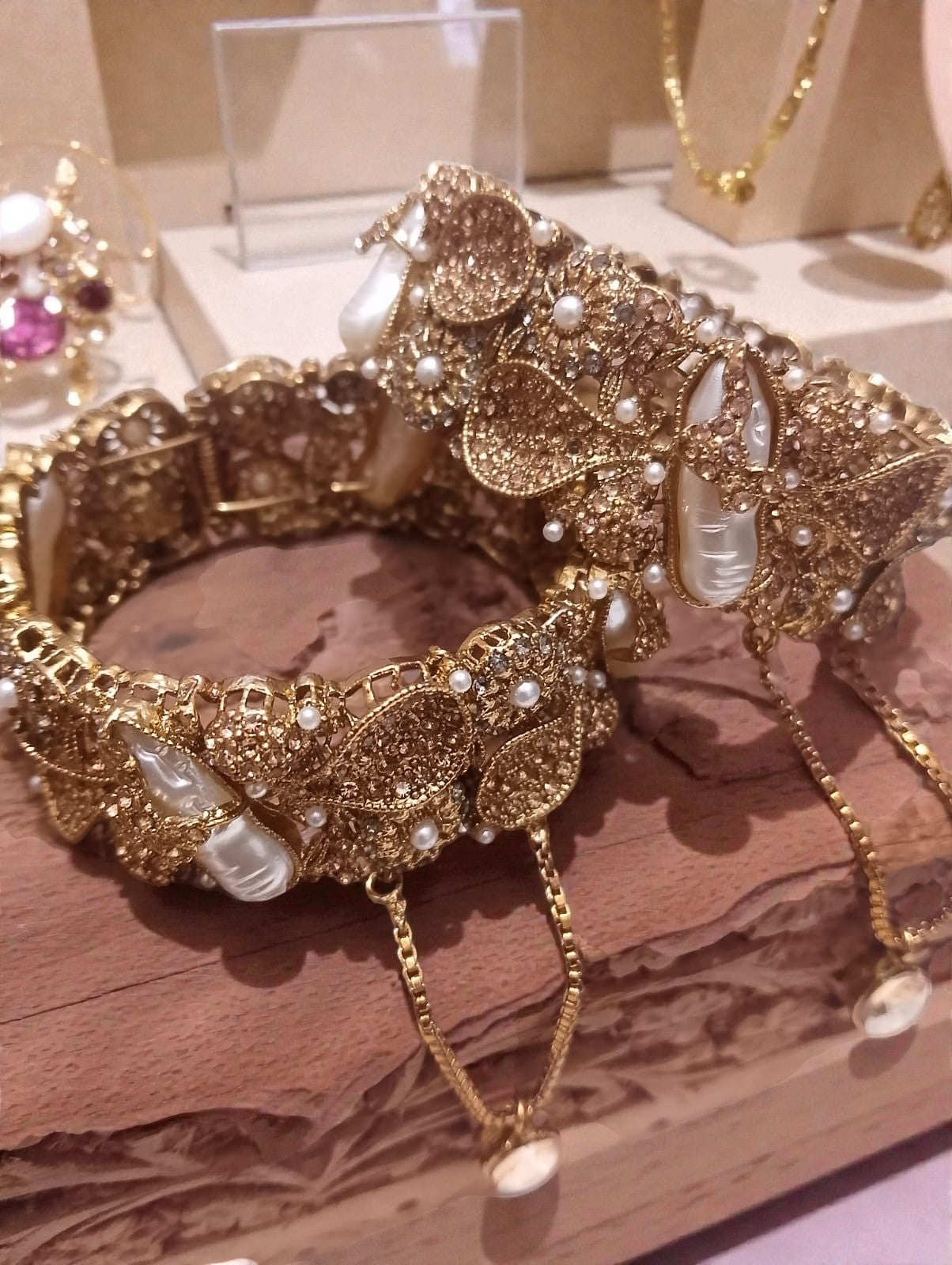 Royal Antique Gold Butterfly & Leaf Statement Bangles – Pearl & Crystal Bridal/Party Wear Bangles